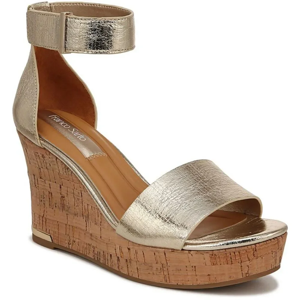 Franco Sarto Womens L-Clemenscor Gold Cork Leather Ankle Strap Shoes NWT